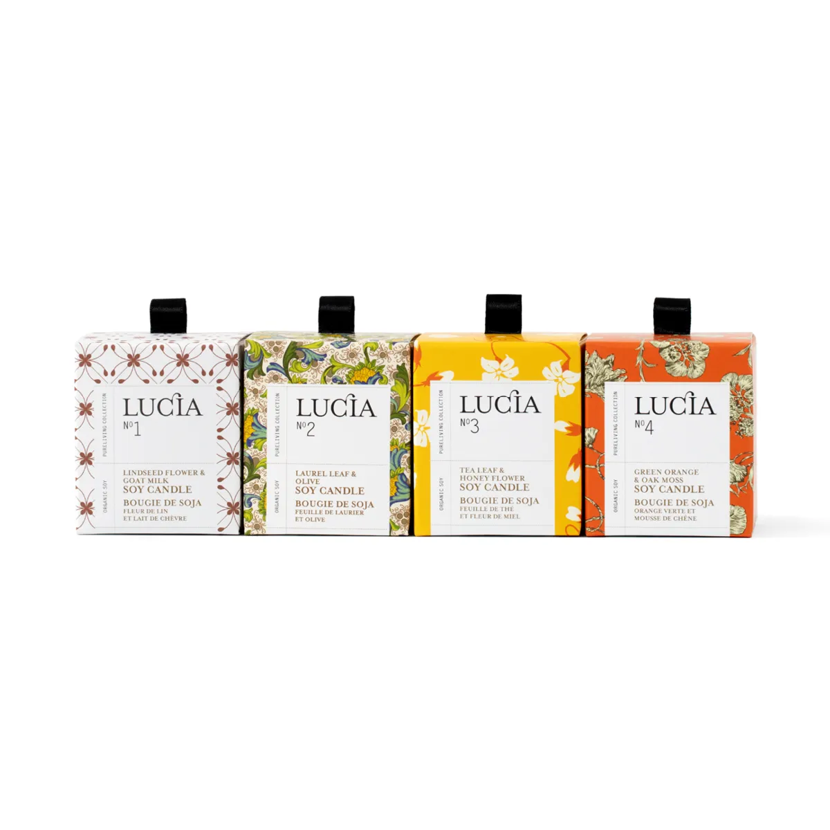 Assorted Soy Candles Set: N°1 Linseed Flower & Goat Milk, N°2 Laurel Leaf & Olive, N°3 Tea Leaf & Honey Flower, N°4 Green Orange & Oak Moss