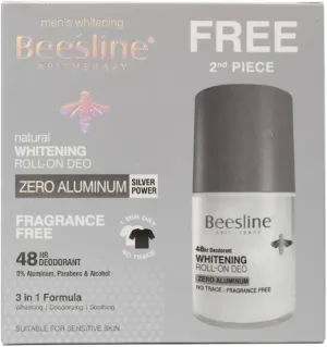 Beesline Natural Whitening Roll On Deodorant Zero Aluminum Fragrance Free Silver Power 2x50ml