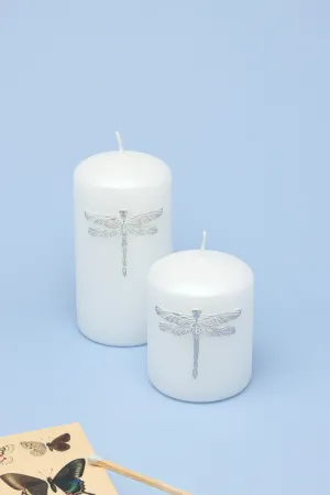 Dragonfly Nature White Elegant Pillar Candle