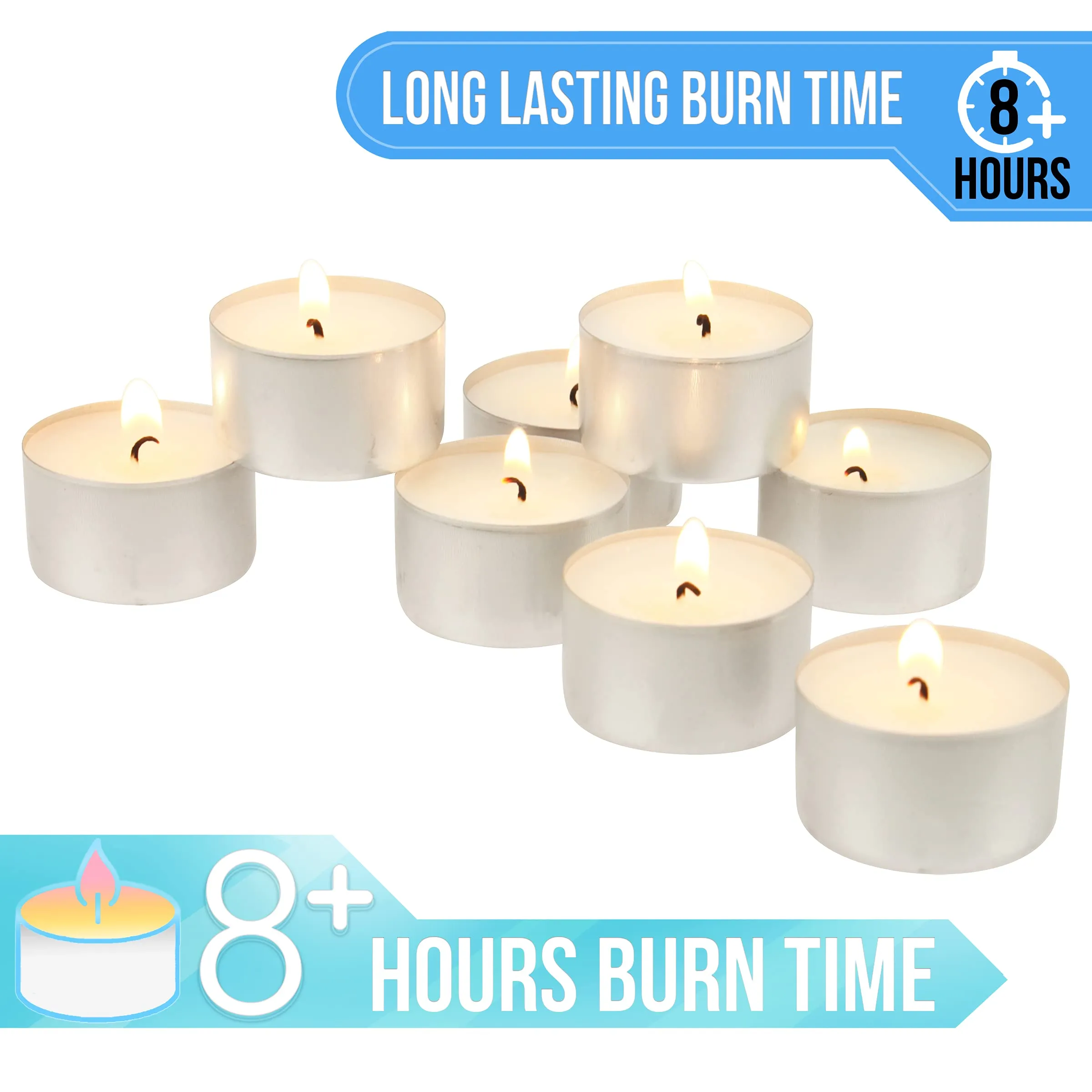 Long Burning Unscented Tea Light Candles, 8 Hour Extended Burn Time, White, 50 Pack