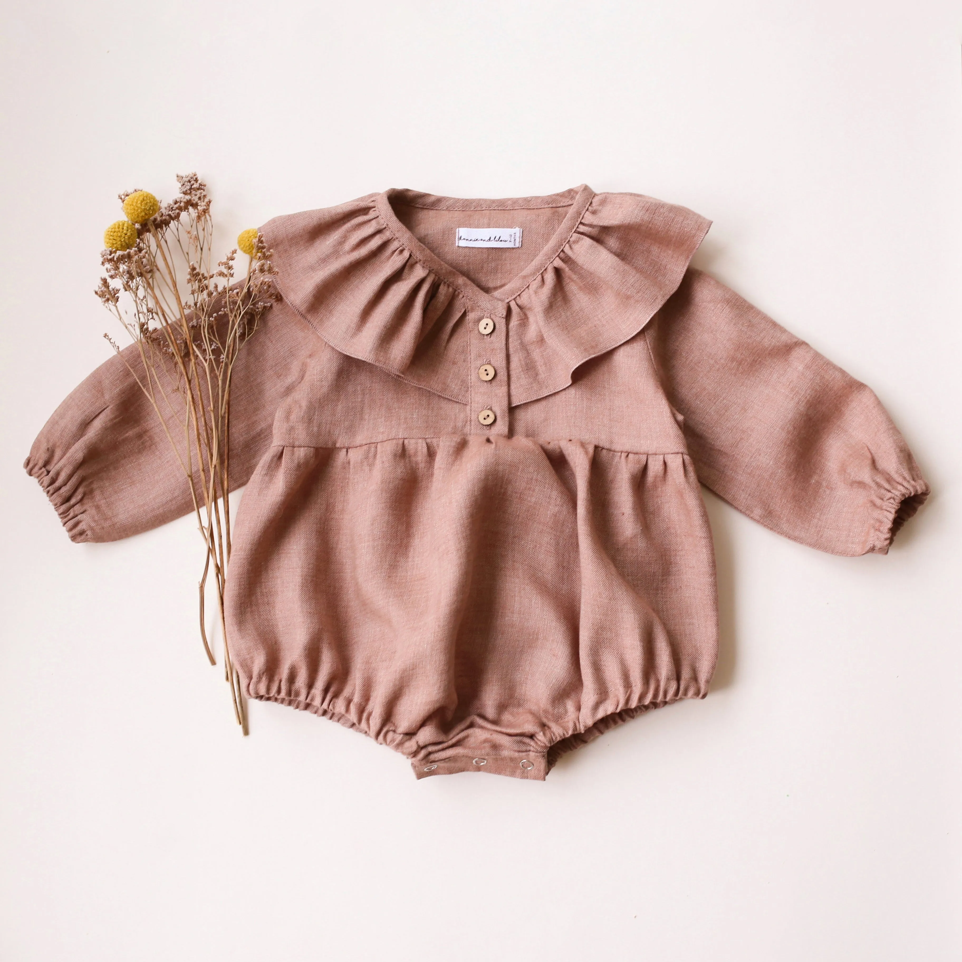 Rose Smoke Linen Long Sleeve Ruffle Collar Button-Front Bubble Playsuit