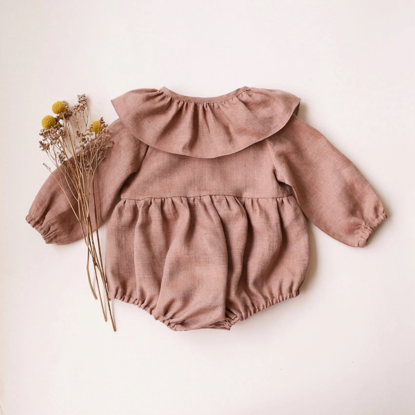 Rose Smoke Linen Long Sleeve Ruffle Collar Button-Front Bubble Playsuit