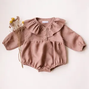 Rose Smoke Linen Long Sleeve Ruffle Collar Button-Front Bubble Playsuit