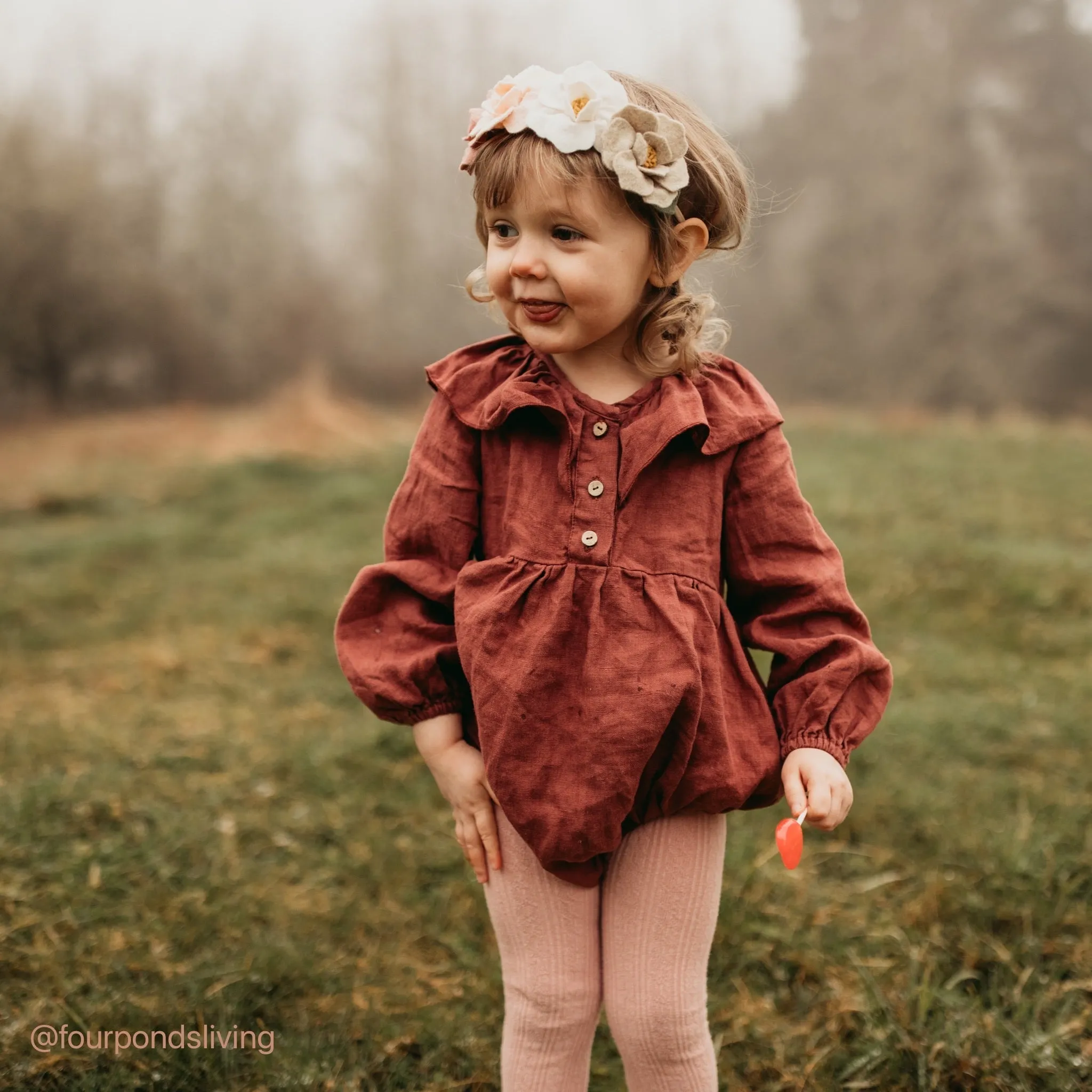 Rose Smoke Linen Long Sleeve Ruffle Collar Button-Front Bubble Playsuit