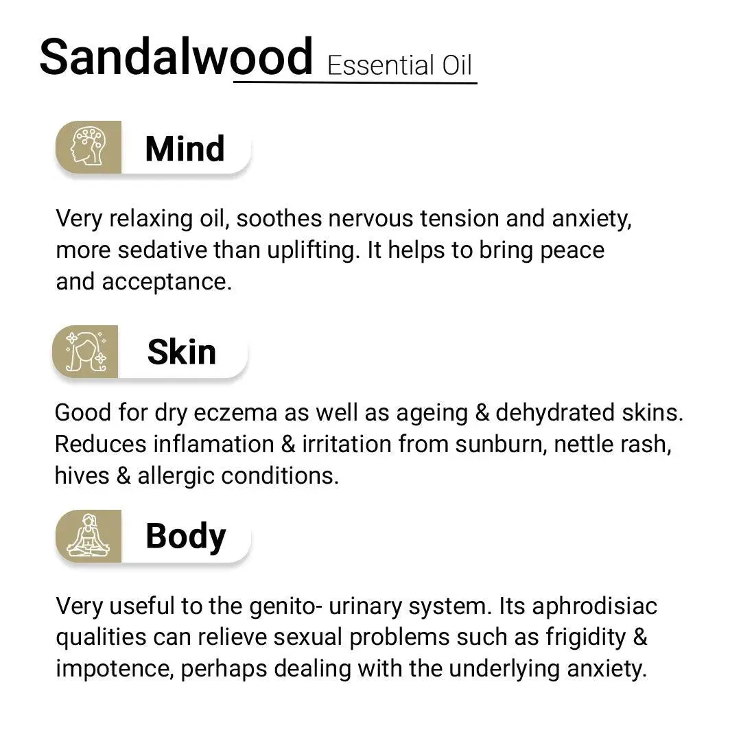 Sandalwood Essential Oil, Therapeutic Pure & Natural, Mysore Sandal, Antiseptic, Ageing Skin, Relaxing 10ml 