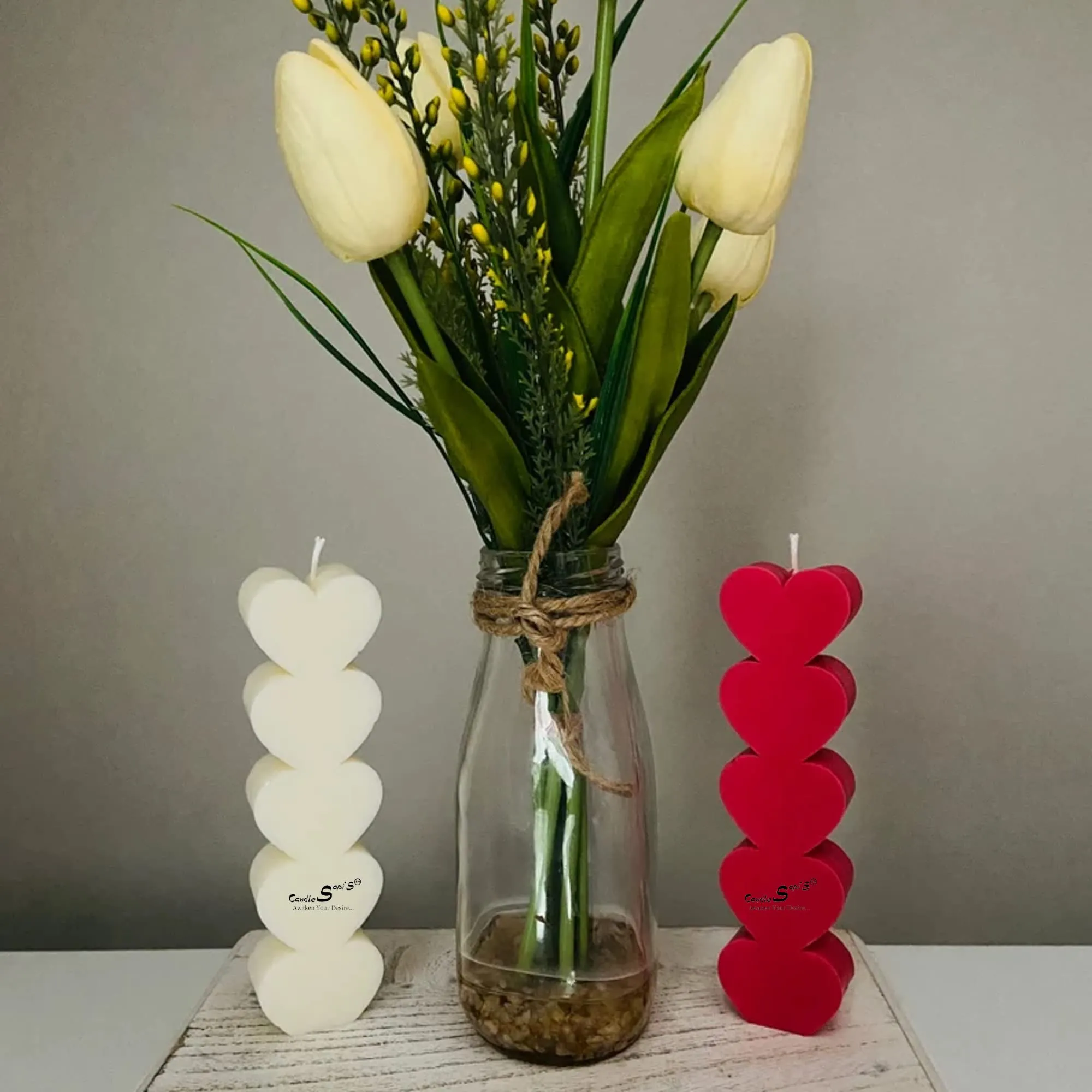 Sapi’S Candles: Awaken Your Desire...™ Scented Heart Pillar Candles with Cute Couple, Soy Wax | Best Valentine's Day Gift |120 Gram Each,10 Hours (White & Red) (Pack of 3)