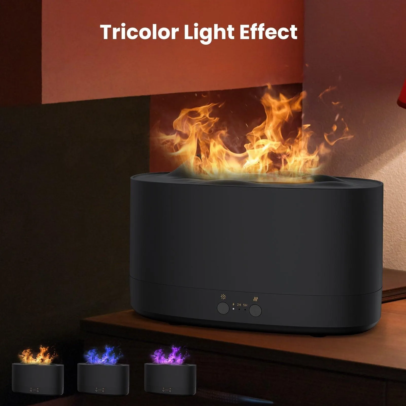 VAVSEA Flame Diffuser Humidifier, 7 Color Essential Oil Diffuser, Time Setting for Home, Room, Black