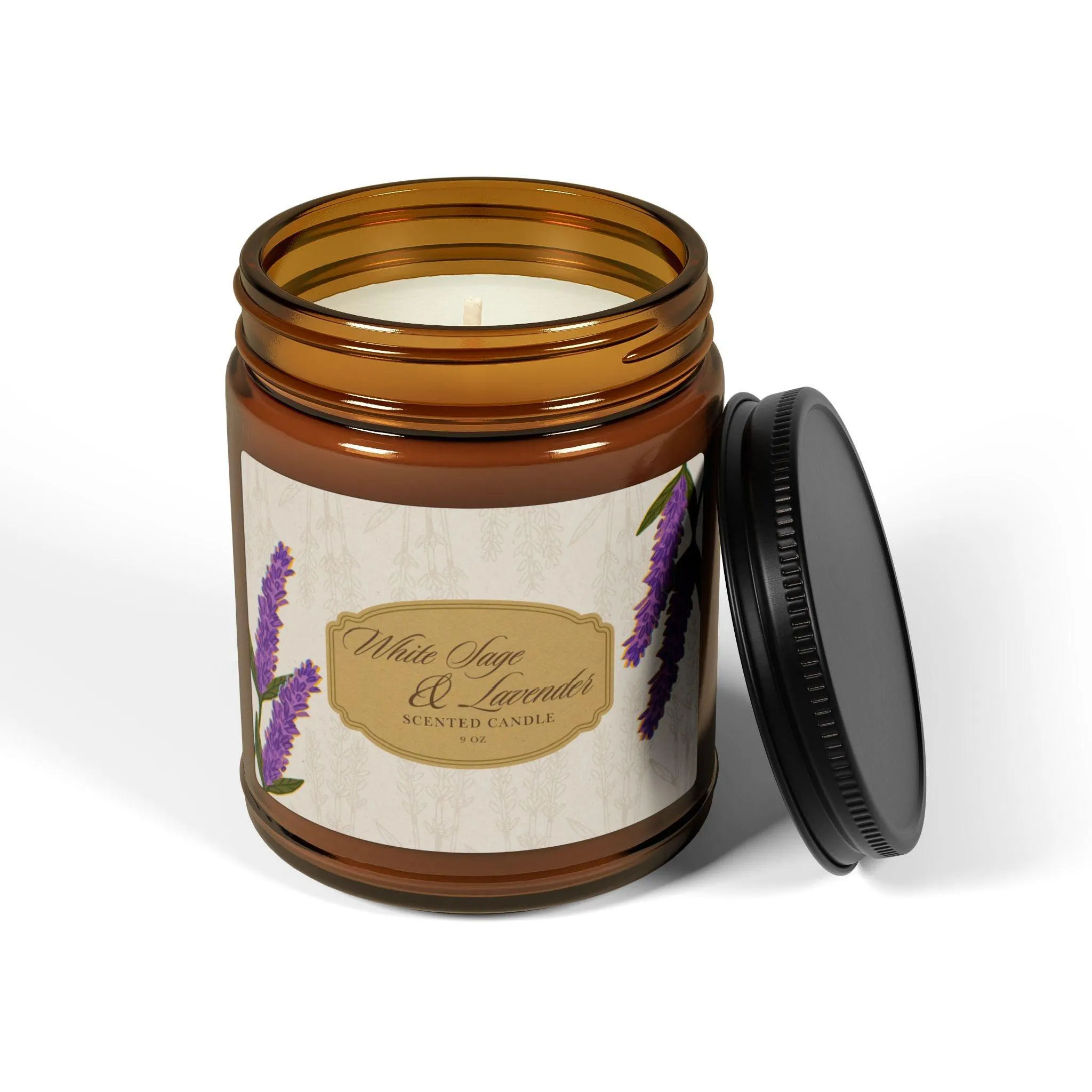 White Sage & Lavender - Luxury Scented Soy Candle (9 oz, Amber Jar)