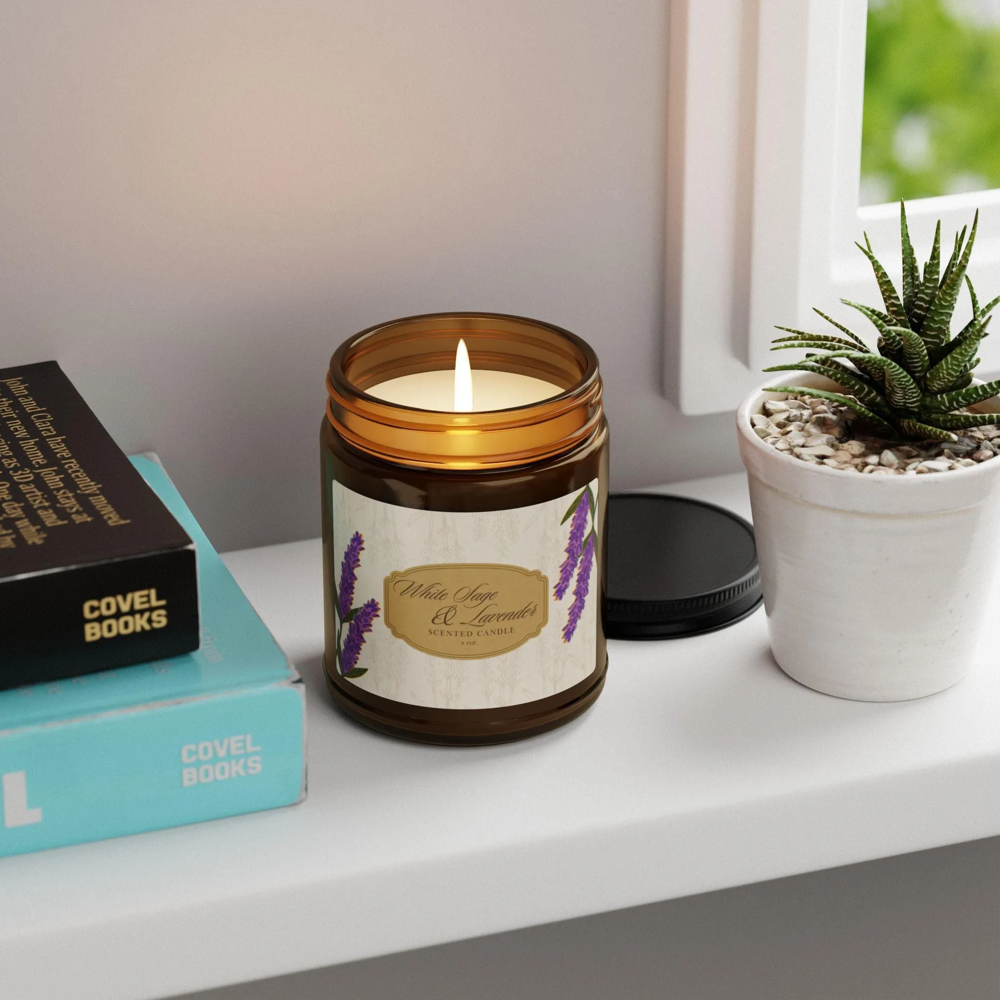White Sage & Lavender - Luxury Scented Soy Candle (9 oz, Amber Jar)
