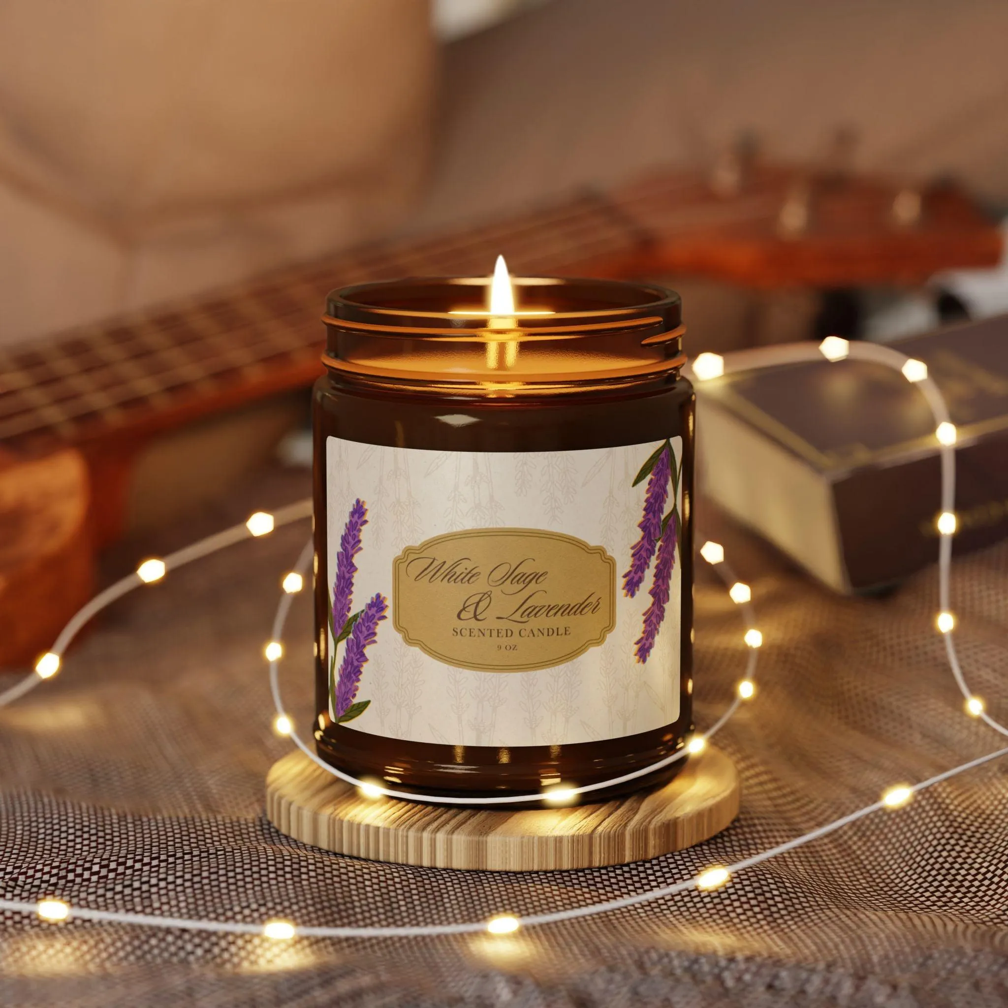 White Sage & Lavender - Luxury Scented Soy Candle (9 oz, Amber Jar)